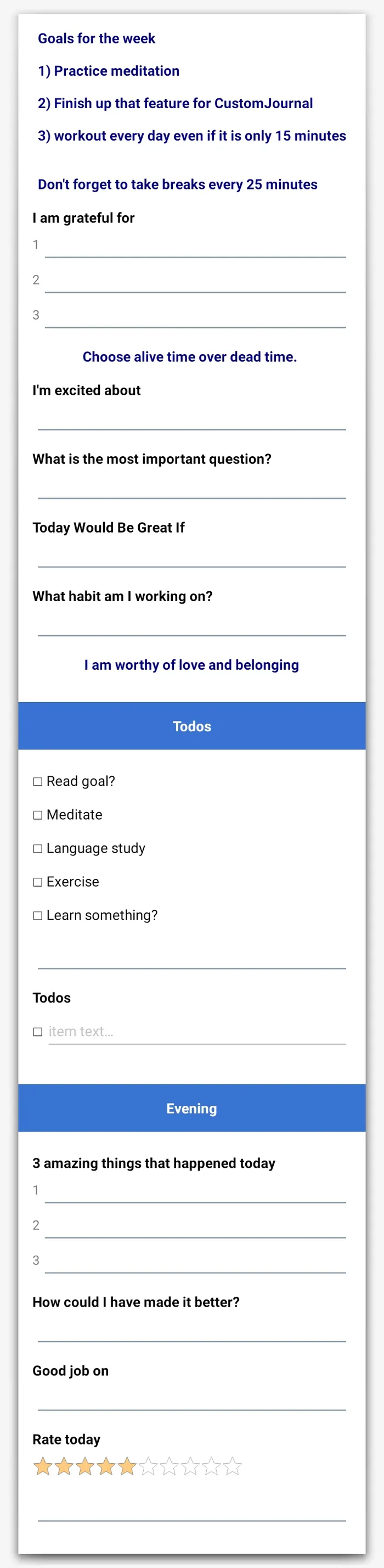 Screenshot of my personal daily journal template in the Custom Journal app