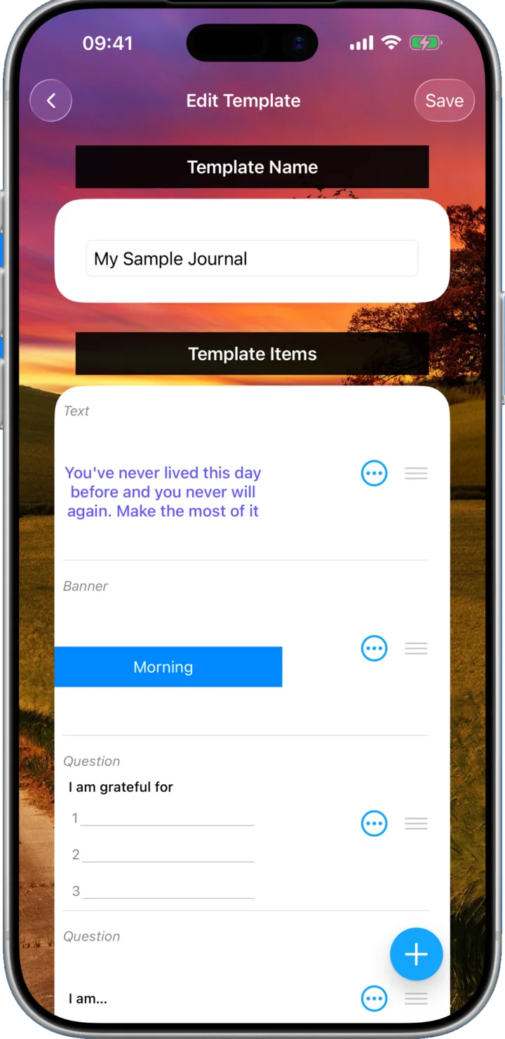 The template editor with draggable questions, banners, and text blocks